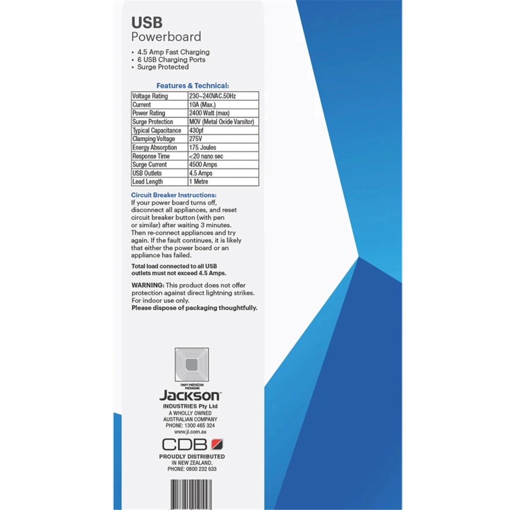 Jackson 10-Way Powerboard, 6x USB-A Fast Charging Ports, 10 Surge Protected Power Outlets On-Board Master Switch, Safety Overload Protection, 1M Power Lead