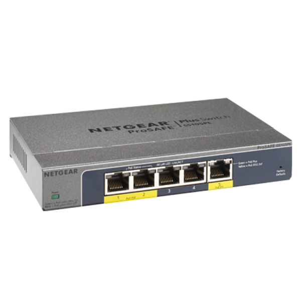 Netgear 5-port Gigabit Smart Managed Plus Switch with 2-port PoE and 1-port PoE passthrough, ProSAFE® Lifetime Warranty