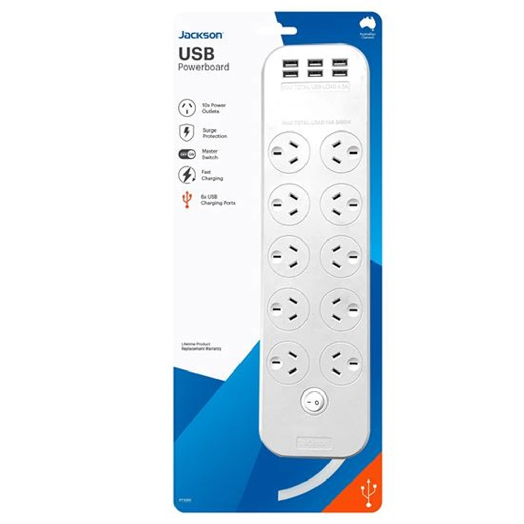 Jackson 10-Way Powerboard, 6x USB-A Fast Charging Ports, 10 Surge Protected Power Outlets On-Board Master Switch, Safety Overload Protection, 1M Power Lead